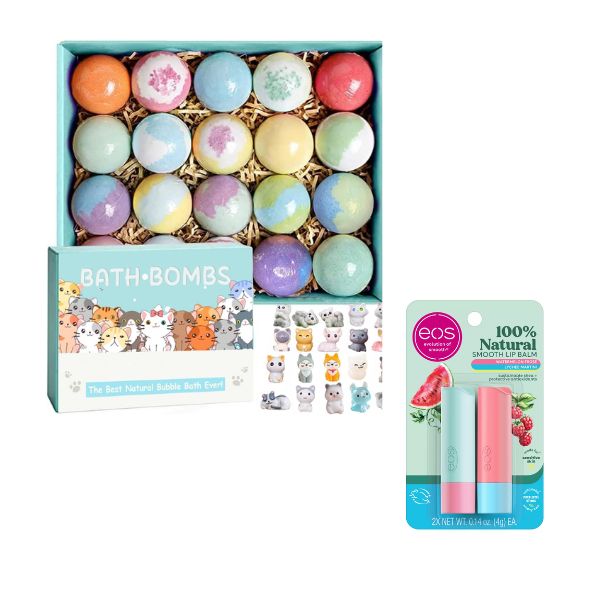 Pastel, natural bath bombs for kids and Eos Lip Balm