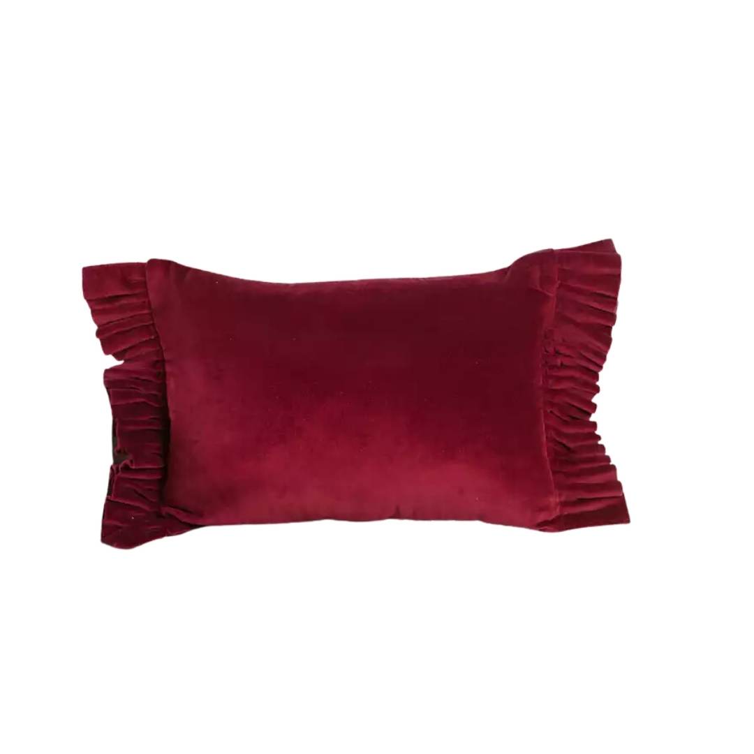 Burgundy velvet lumbar pillow with ruffles