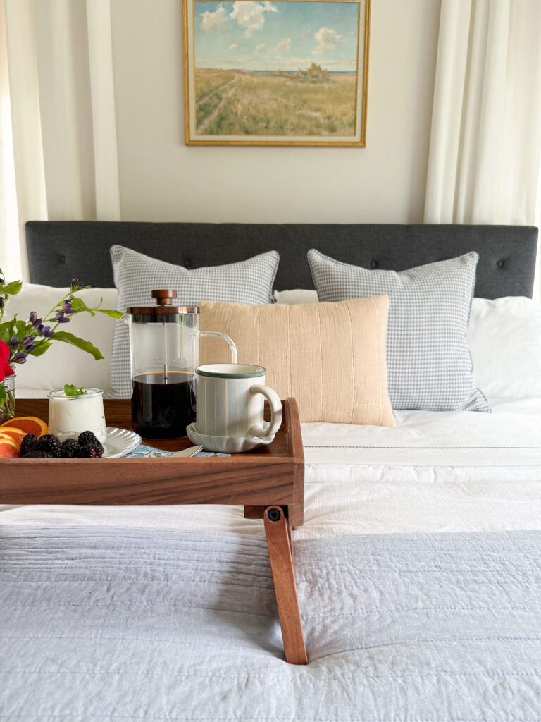 Classic Blue and White Bedroom styled for breakfast in bed
