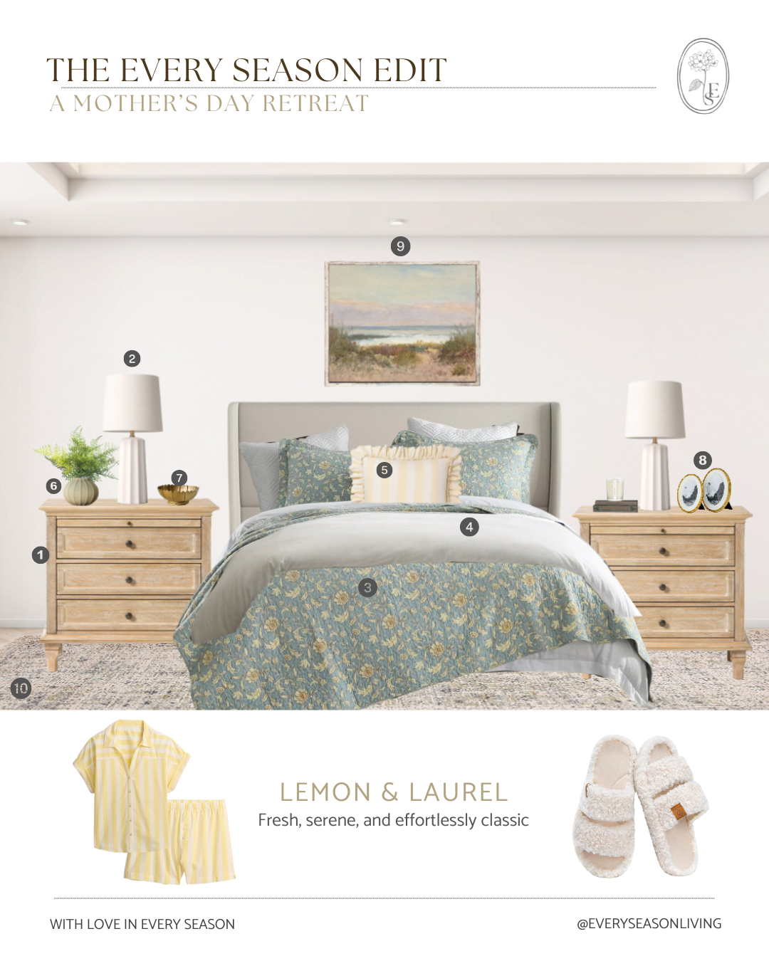 fresh, serene, master bedroom rendering in soft sage greens and buttery yellows