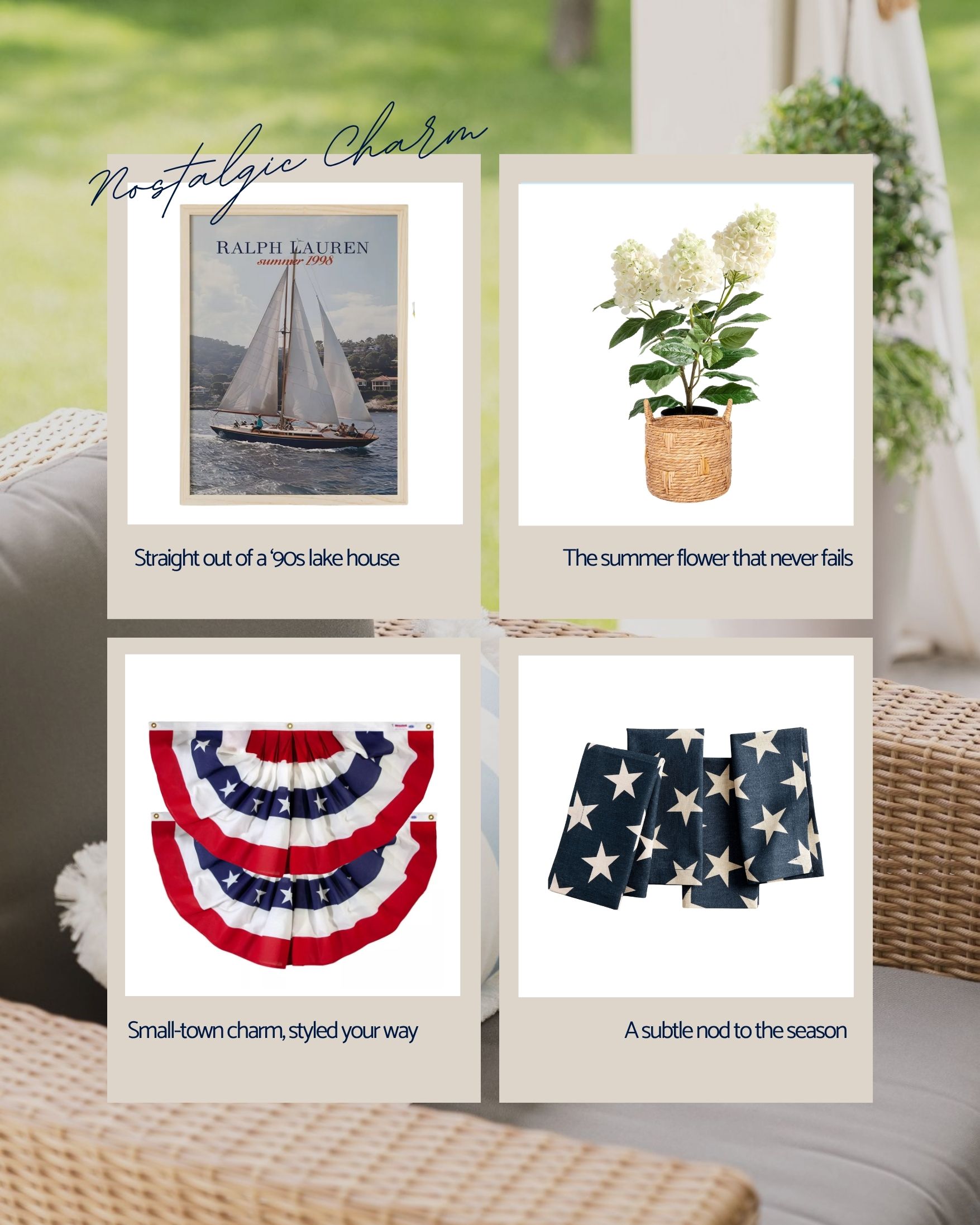 Nostalgic Charm with vintage art, classic hydrangeas, and pleated bunting