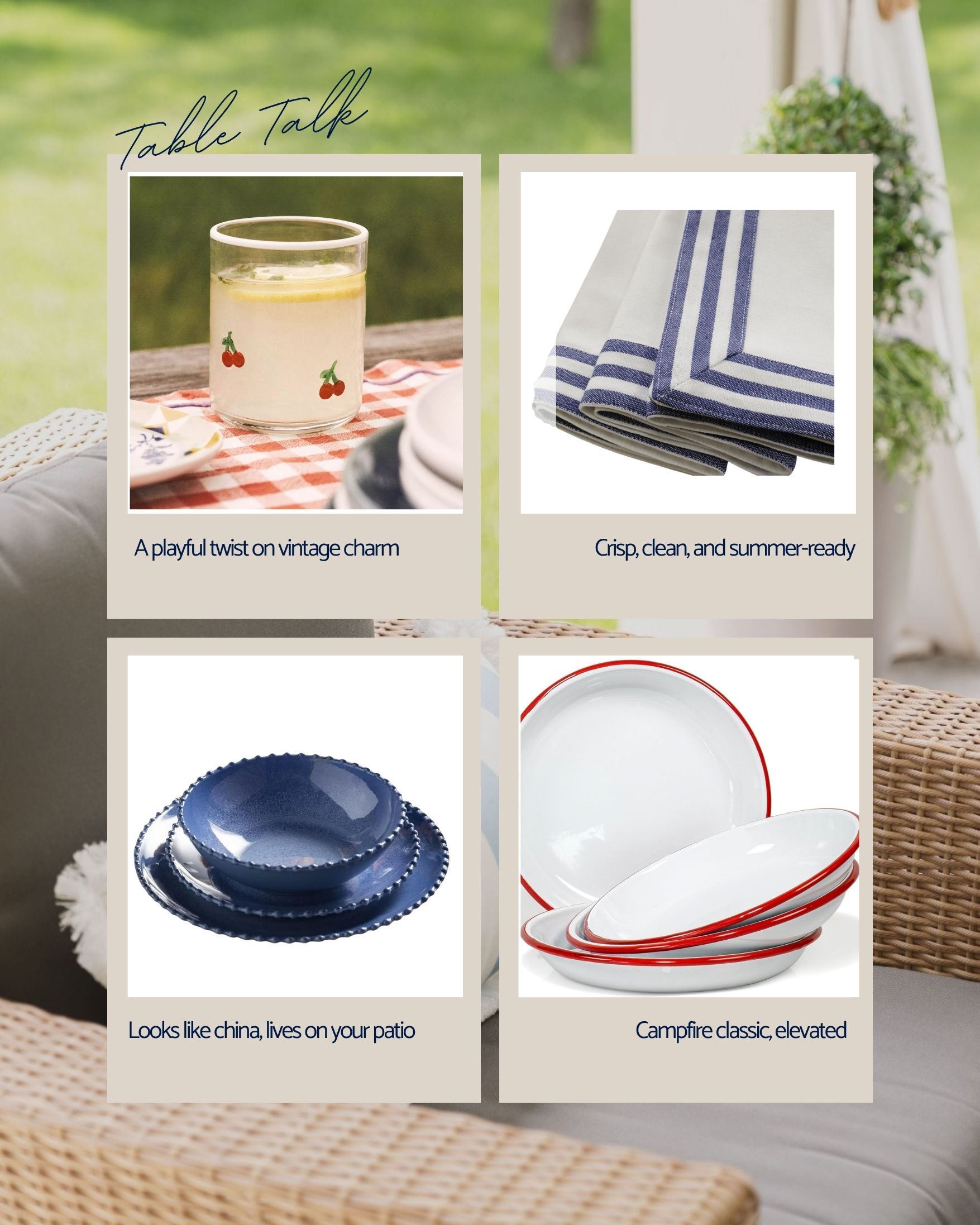 – Table Talk with enamel plates, cherry tumblers, and crisp striped napkins