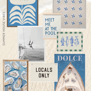 A vibrant and eclectic mix of bold, playful summer artwork including graphic prints, bright colors, abstract shapes, and retro-style lettering. This mood board is designed for fun-loving, personality-filled spaces.