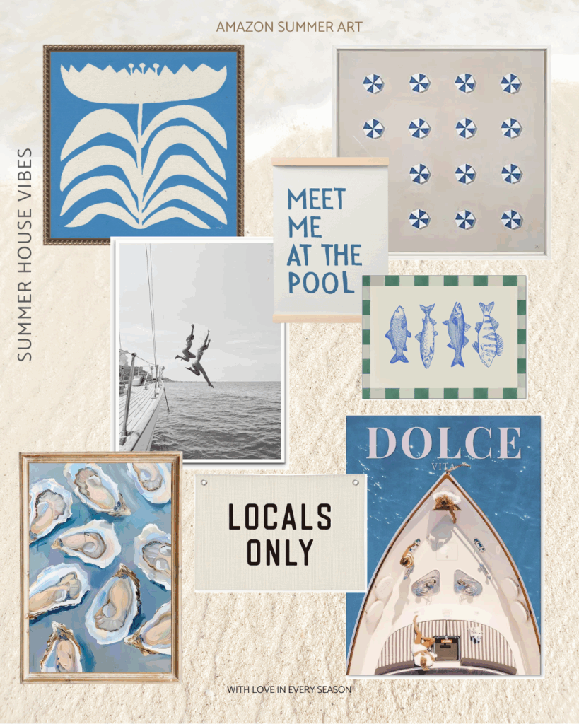 A vibrant and eclectic mix of bold, playful summer artwork including graphic prints, bright colors, abstract shapes, and retro-style lettering. This mood board is designed for fun-loving, personality-filled spaces.