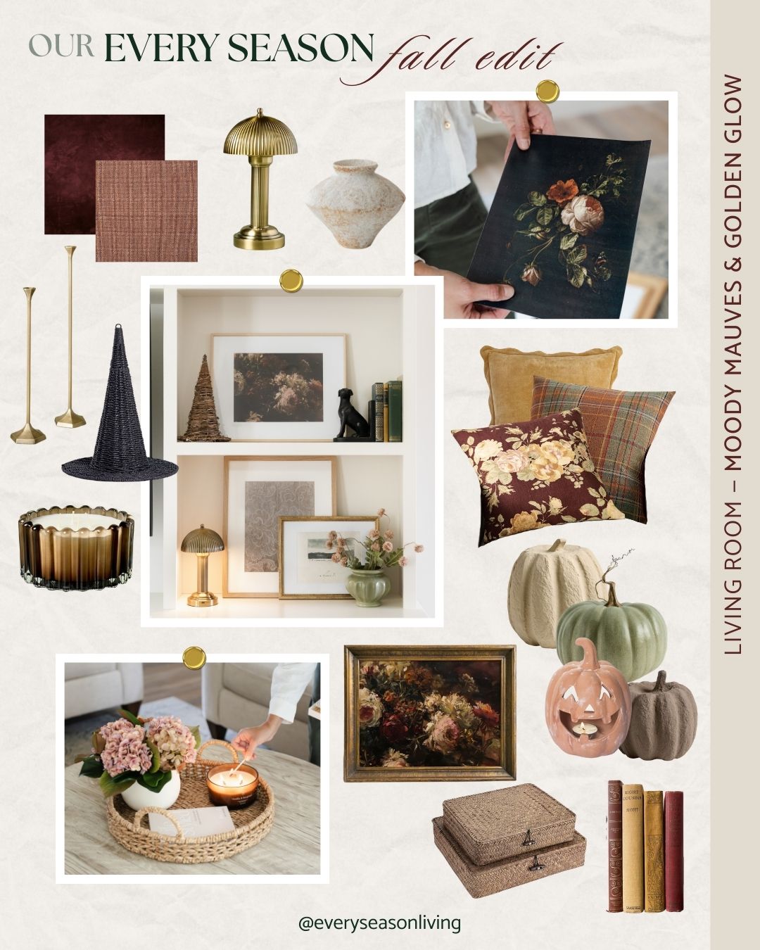 Fall living room decor with deep mauve pillows, plaid accents, moody artwork, brass lamps, and cozy candlelight — part of our Every Season Fall Edit.