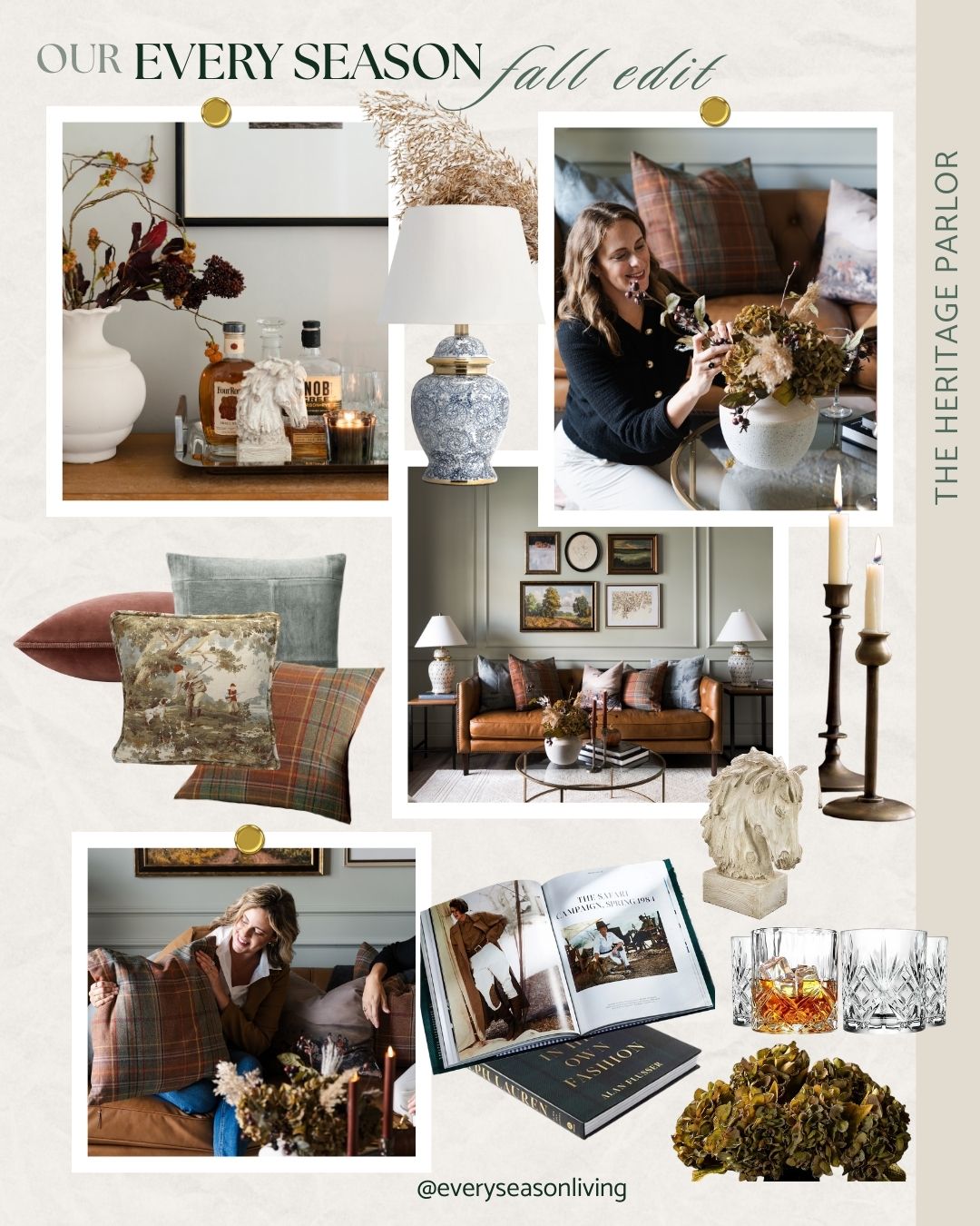 Classic fall parlor styling with leather chairs, plaid pillows in brown, green, and burgundy, dried flowers, dark berries, and candlesticks — from the Every Season Fall Edit.