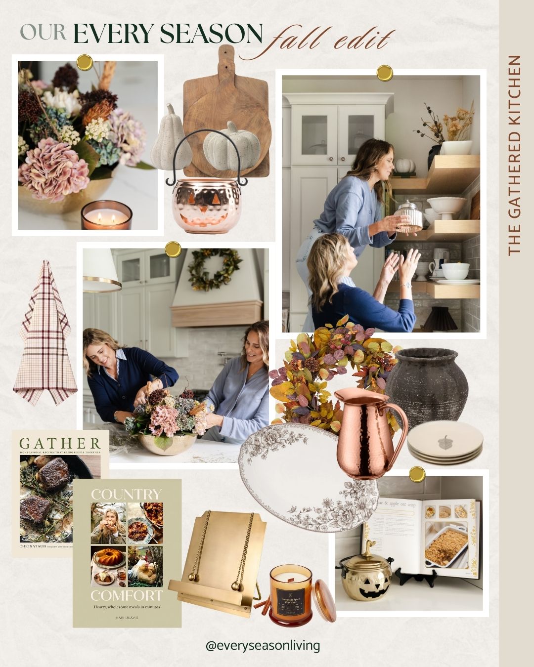 Fall kitchen styling with copper accents, amber tones, and simple shelves decorated with florals and twigs — part of the Every Season Fall Edit.