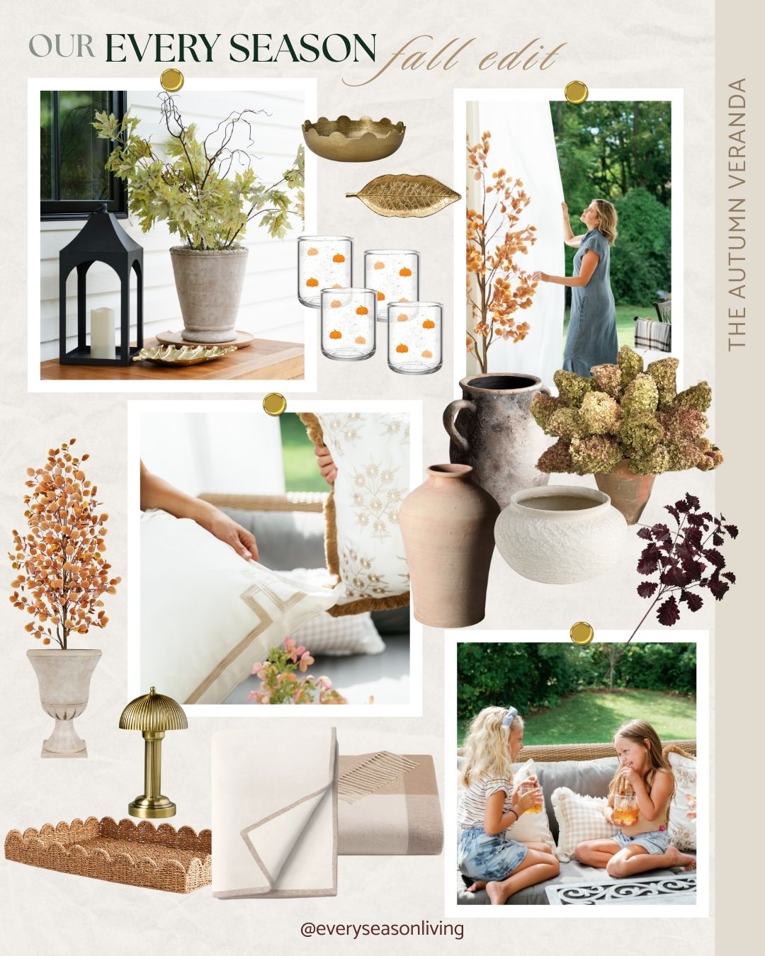 Outdoor fall decor inspired by Serena & Lily — crisp whites, embroidered pillows, dried hydrangeas, faux greenery, and brass accents — from our Every Season Fall Edit.