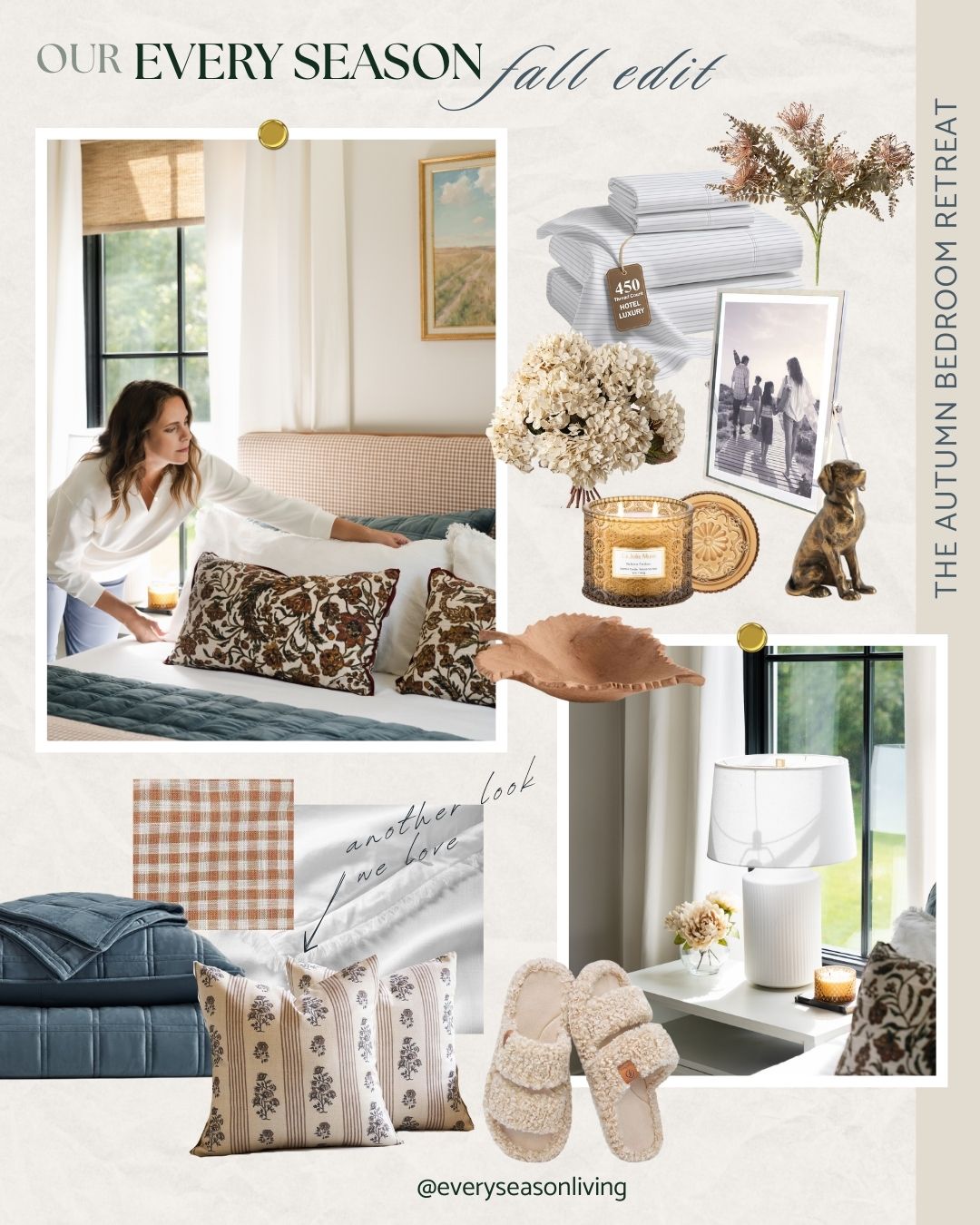 Cozy fall bedroom with stormy blue bedding, mustard pillows, floral accents, and candlelight — featured in our Every Season Fall Edit.